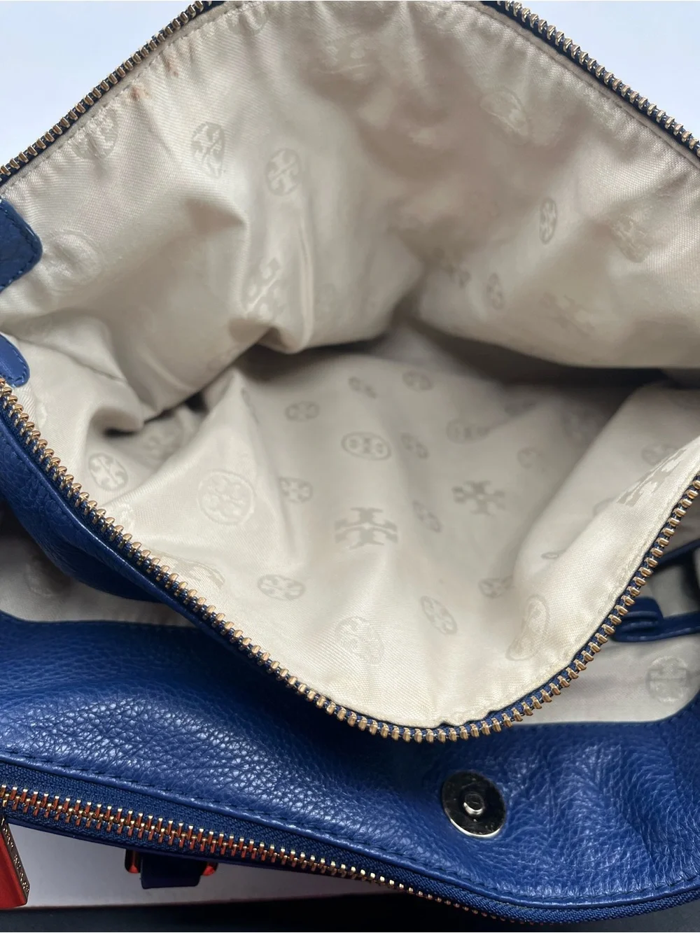 Tory Burch Navy Blue Pebbled Leather Satchel with Logo Medallion
